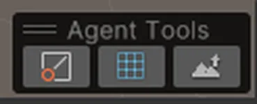 Scene ビュー右下の Agent Tools ツールバー。ピン / 平面に描く / 表面に描くの 3 トグル