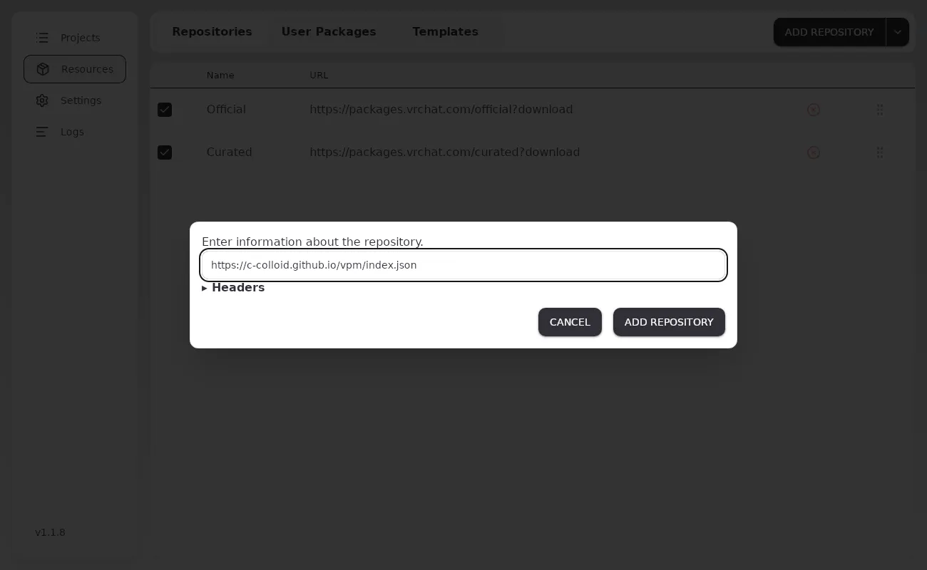 ALCOM の Add Repository に URL を入れた状態