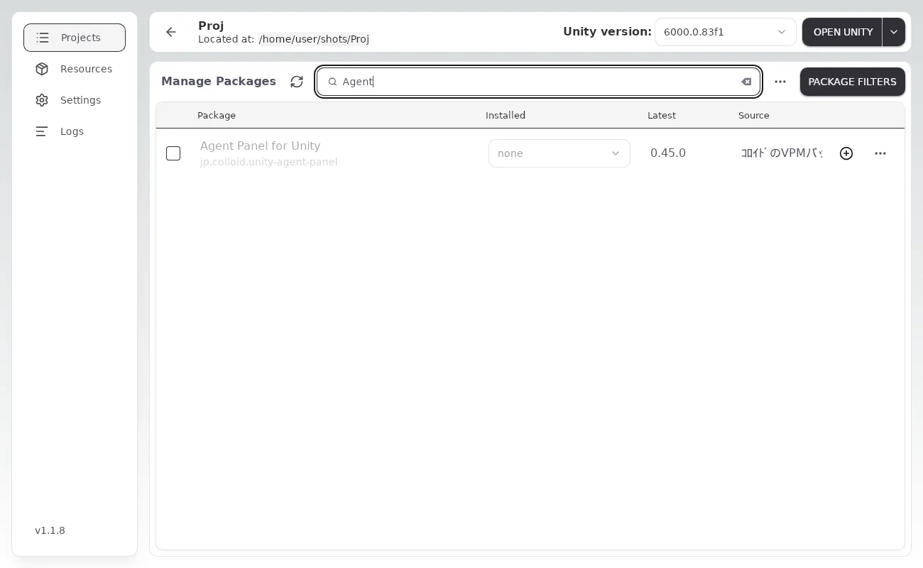 Manage Packages の一覧に Agent Panel for Unity が出た状態