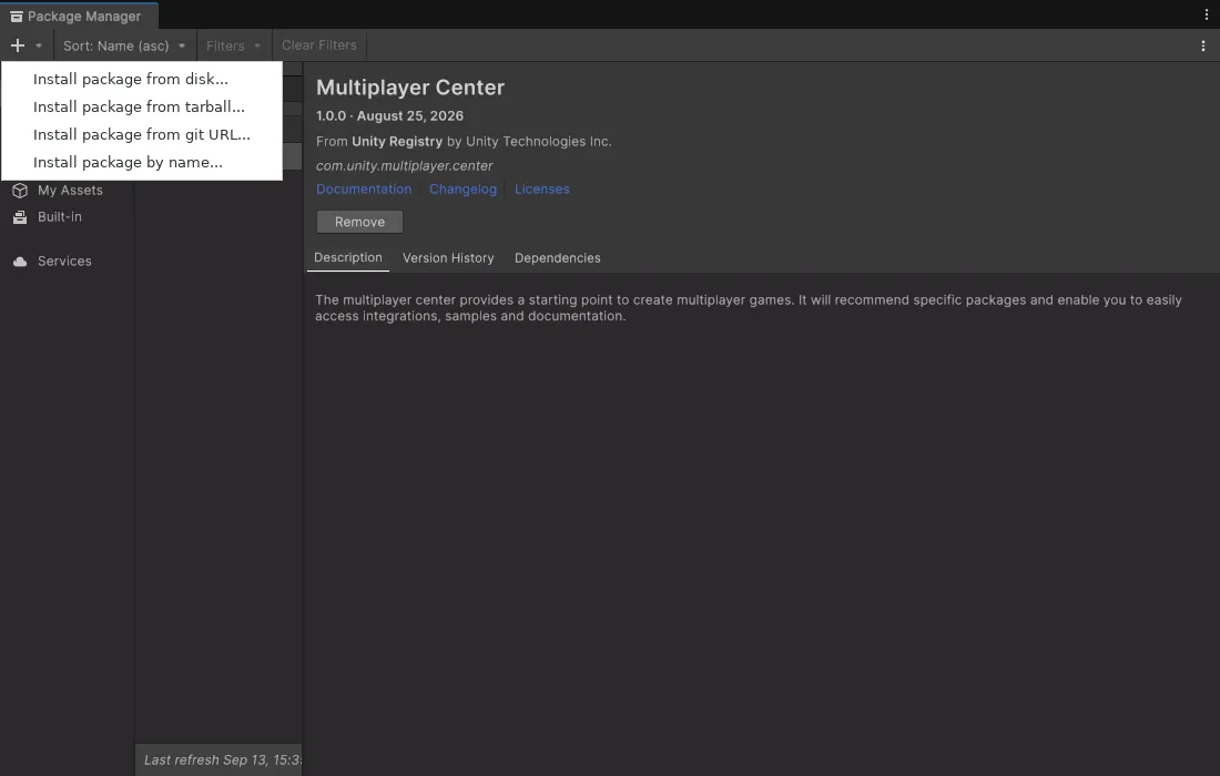 Package Manager 左上の + メニュー