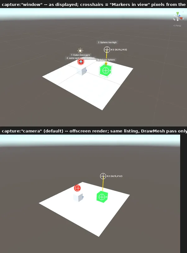 上: capture:"window"(白の十字 = ツールが返した画素座標)。下: capture:"camera"(既定)。同じ列挙が付く