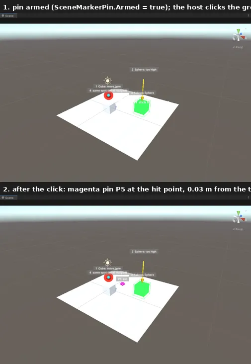 上: ピンを武装し、ホストの XTEST が丸印をクリック。下: クリック点に magenta のピン P5、武装は自動解除